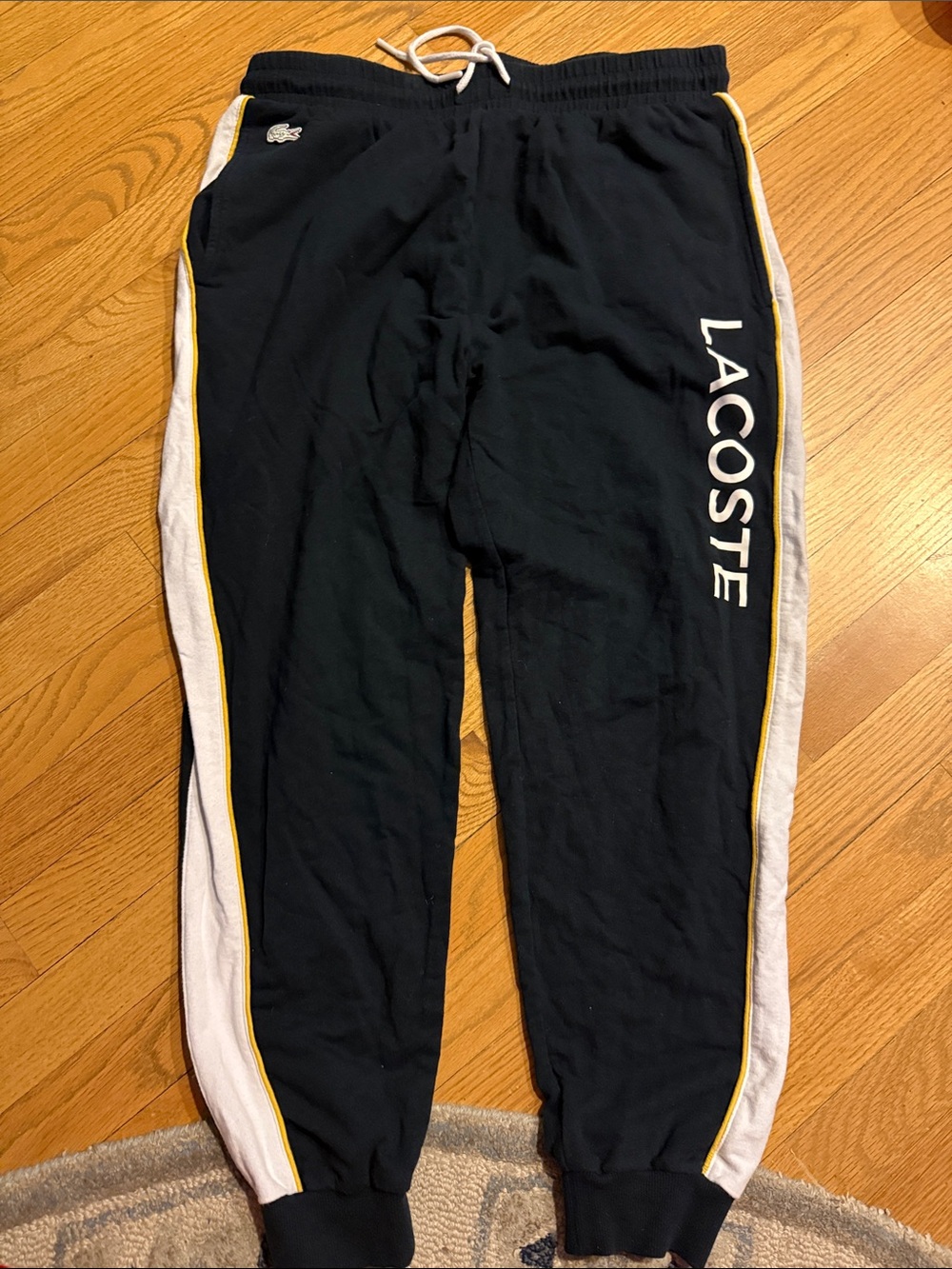 Lacoste Black Sweat Joggers with White Panels & Yellow Piping